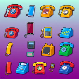 A vibrant spritesheet showcasing various pixel art designs of telephones