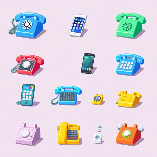 A vibrant spritesheet showcasing various pixel art designs of telephones