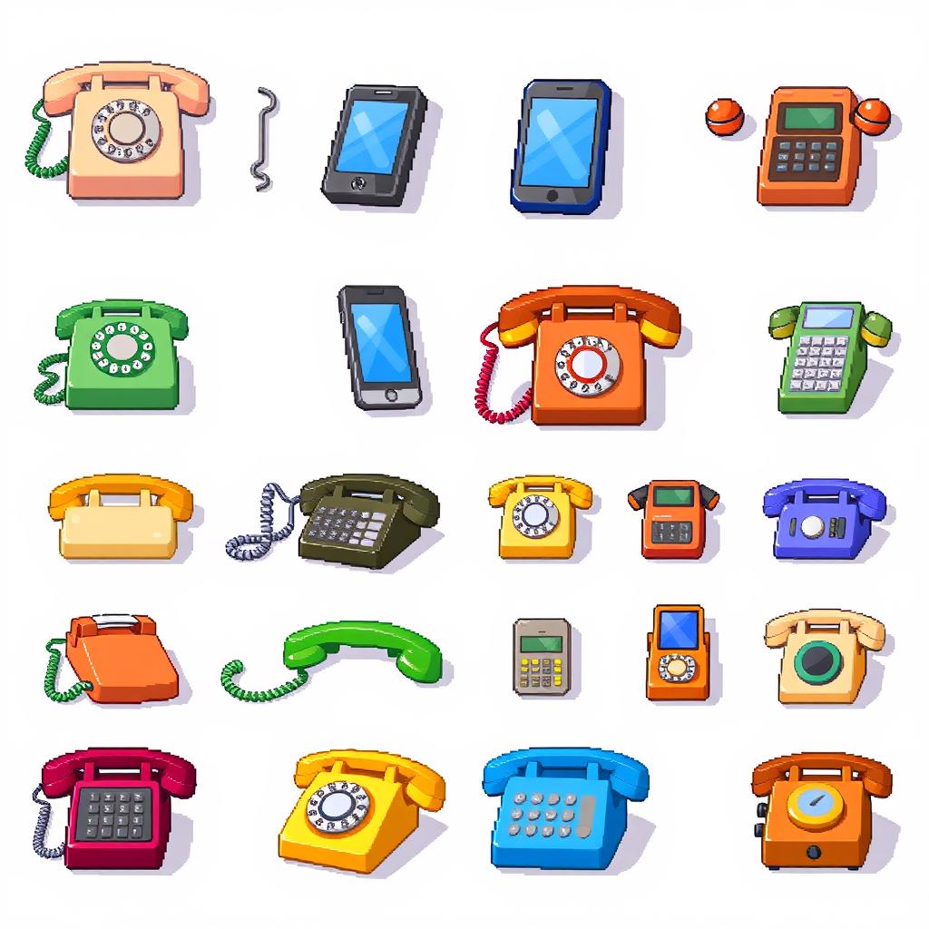 A vibrant spritesheet showcasing various pixel art designs of telephones