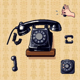 A detailed spritesheet featuring a vintage telephone on a wall, designed in pixel art style