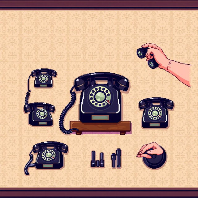 A detailed spritesheet featuring a vintage telephone on a wall, designed in pixel art style