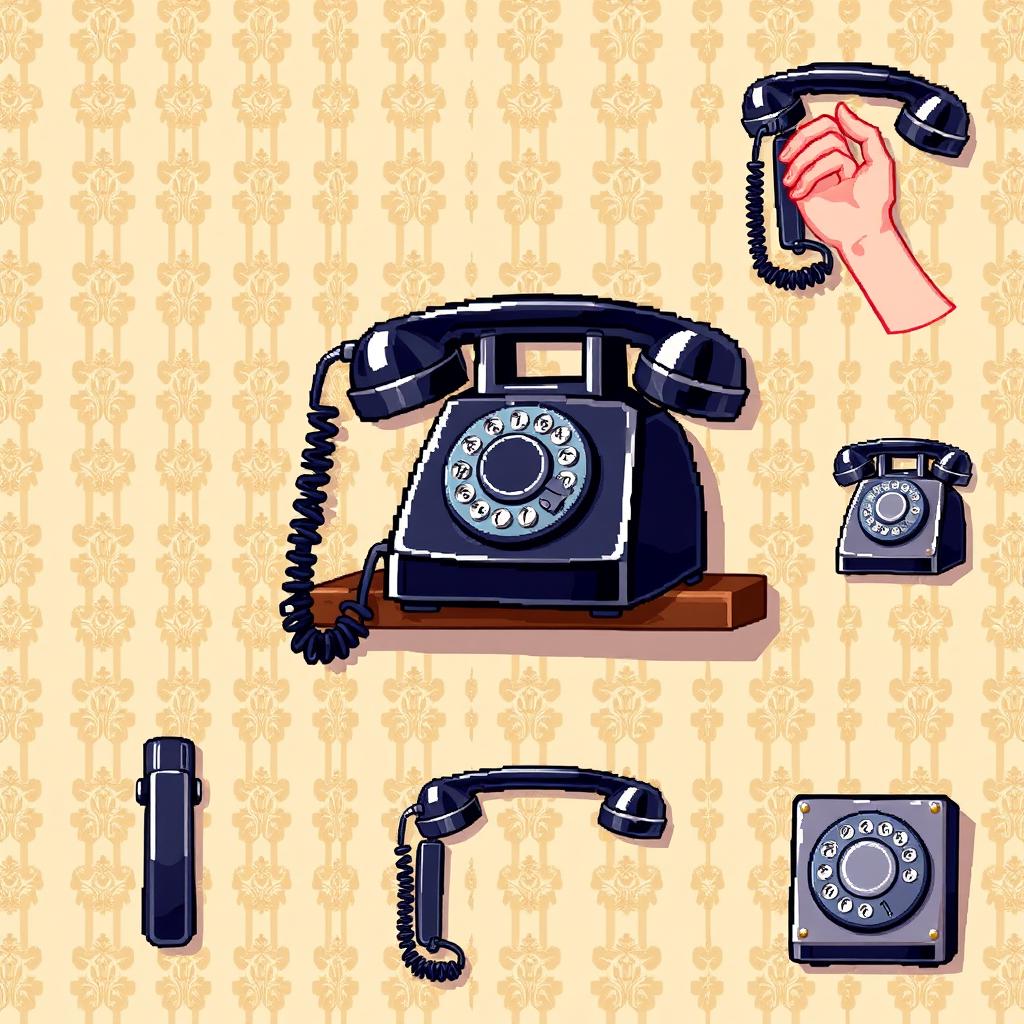 A detailed spritesheet featuring a vintage telephone on a wall, designed in pixel art style