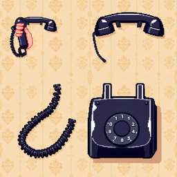 A detailed spritesheet featuring a vintage telephone on a wall, designed in pixel art style