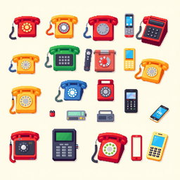 A detailed pixel art spritesheet depicting various types of vintage and modern telephones, including rotary phones, cordless phones, and smartphones, arranged in a grid format