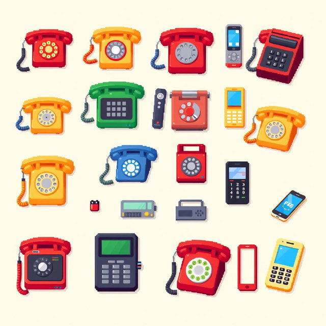 A detailed pixel art spritesheet depicting various types of vintage and modern telephones, including rotary phones, cordless phones, and smartphones, arranged in a grid format