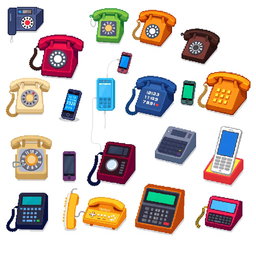 A detailed pixel art spritesheet depicting various types of vintage and modern telephones, including rotary phones, cordless phones, and smartphones, arranged in a grid format