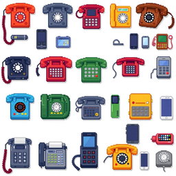 A detailed pixel art spritesheet depicting various types of vintage and modern telephones, including rotary phones, cordless phones, and smartphones, arranged in a grid format
