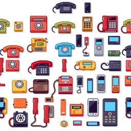 A detailed pixel art spritesheet depicting various types of vintage and modern telephones, including rotary phones, cordless phones, and smartphones, arranged in a grid format