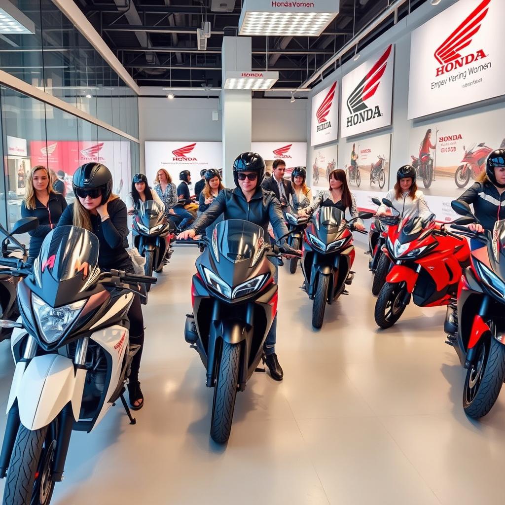 A stylish, modern women’s motorcycle showroom featuring Honda bikes