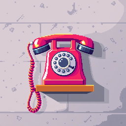 A vibrant pixel art representation of a vintage telephone on a wall, featuring a variety of bright and contrasting colors to highlight its retro design