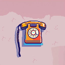 A vibrant pixel art representation of a vintage telephone on a wall, featuring a variety of bright and contrasting colors to highlight its retro design