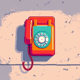 A vibrant pixel art representation of a vintage telephone on a wall, featuring a variety of bright and contrasting colors to highlight its retro design