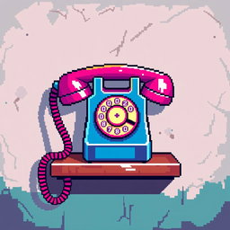 A vibrant pixel art representation of a vintage telephone on a wall, featuring a variety of bright and contrasting colors to highlight its retro design