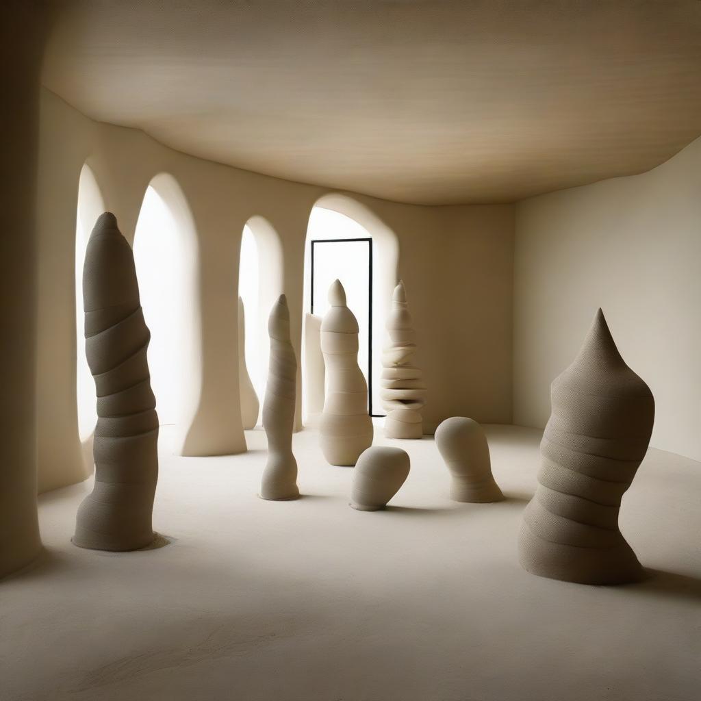 A vast, intensified avant-garde gallery, characterized by its beach-inspired floor and polished concrete walls that amplify the room's illumination. Sweeping sand sculptures stand alongside the tiny silhouettes, who are captivated by the space's artwork. The scene is accentuated through architectural photography.