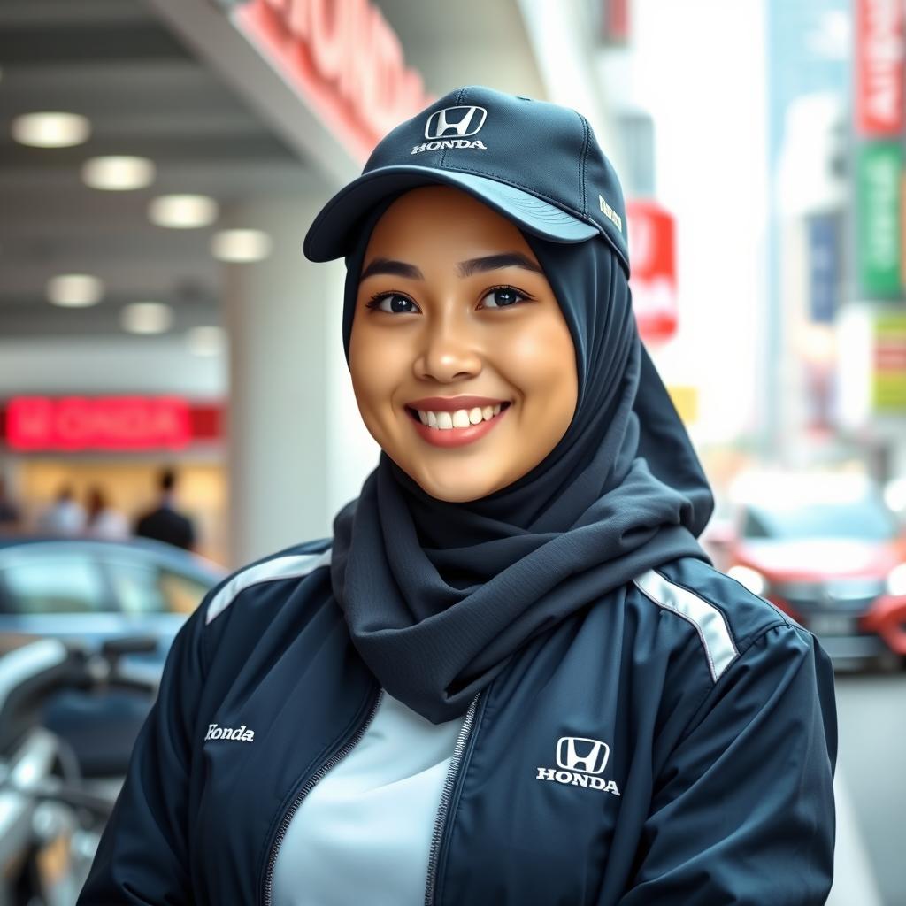 A young woman wearing a hijab, dressed in a stylish Honda uniform that includes a modern jacket and cap, standing in an urban environment with a welcoming smile