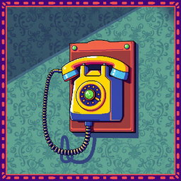 A vibrant pixel art depiction of a vintage telephone mounted on a wall