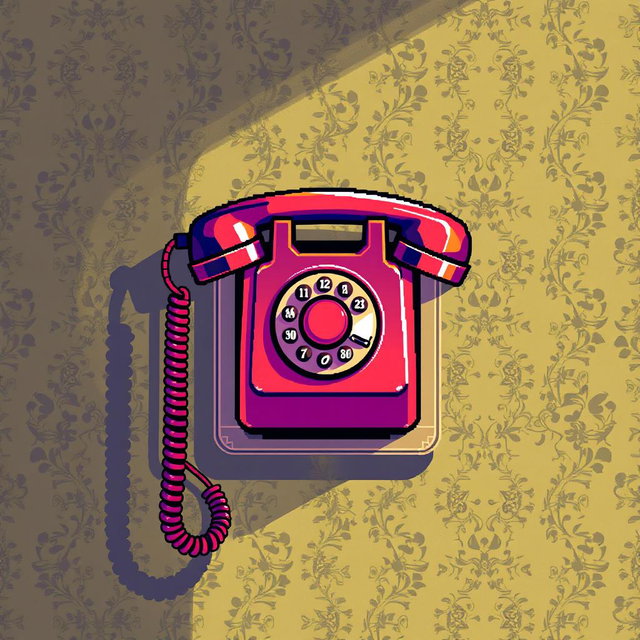 A vibrant pixel art depiction of a vintage telephone mounted on a wall