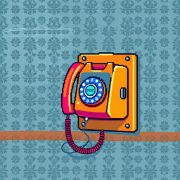 A vibrant pixel art depiction of a vintage telephone mounted on a wall