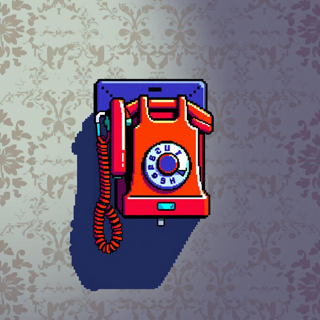 A vibrant pixel art depiction of a vintage telephone mounted on a wall