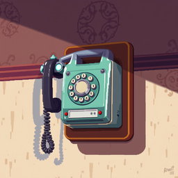 A detailed depiction of a vintage telephone mounted on a wall, rendered in pixel art style with a 3D effect