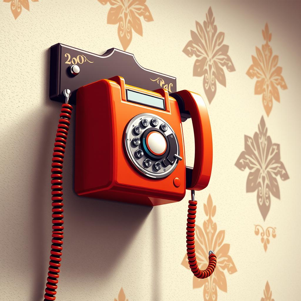 A detailed depiction of a vintage telephone mounted on a wall, rendered in pixel art style with a 3D effect