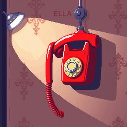 A colorful pixel art depiction of a vintage telephone hanging on a wall