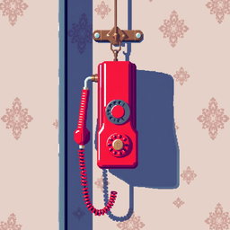A colorful pixel art depiction of a vintage telephone hanging on a wall