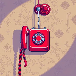 A colorful pixel art depiction of a vintage telephone hanging on a wall