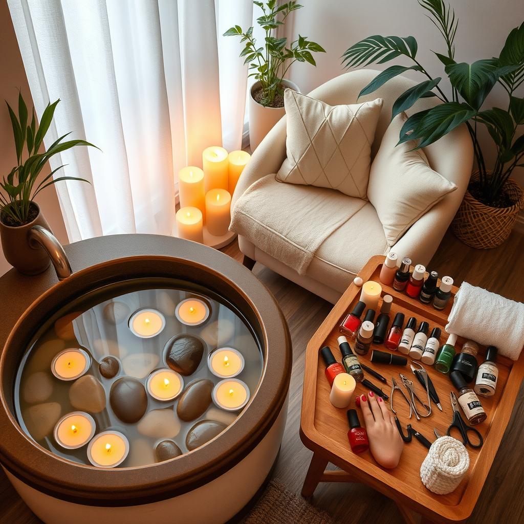 A cozy and inviting spa setting featuring a luxurious foot spa and hand spa