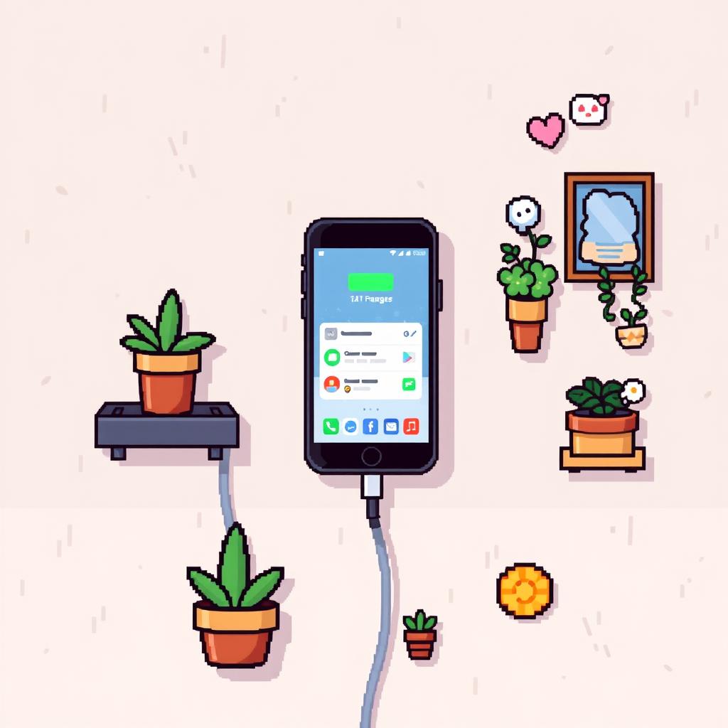 A colorful pixel art illustration featuring various assets related to a smartphone wall setup
