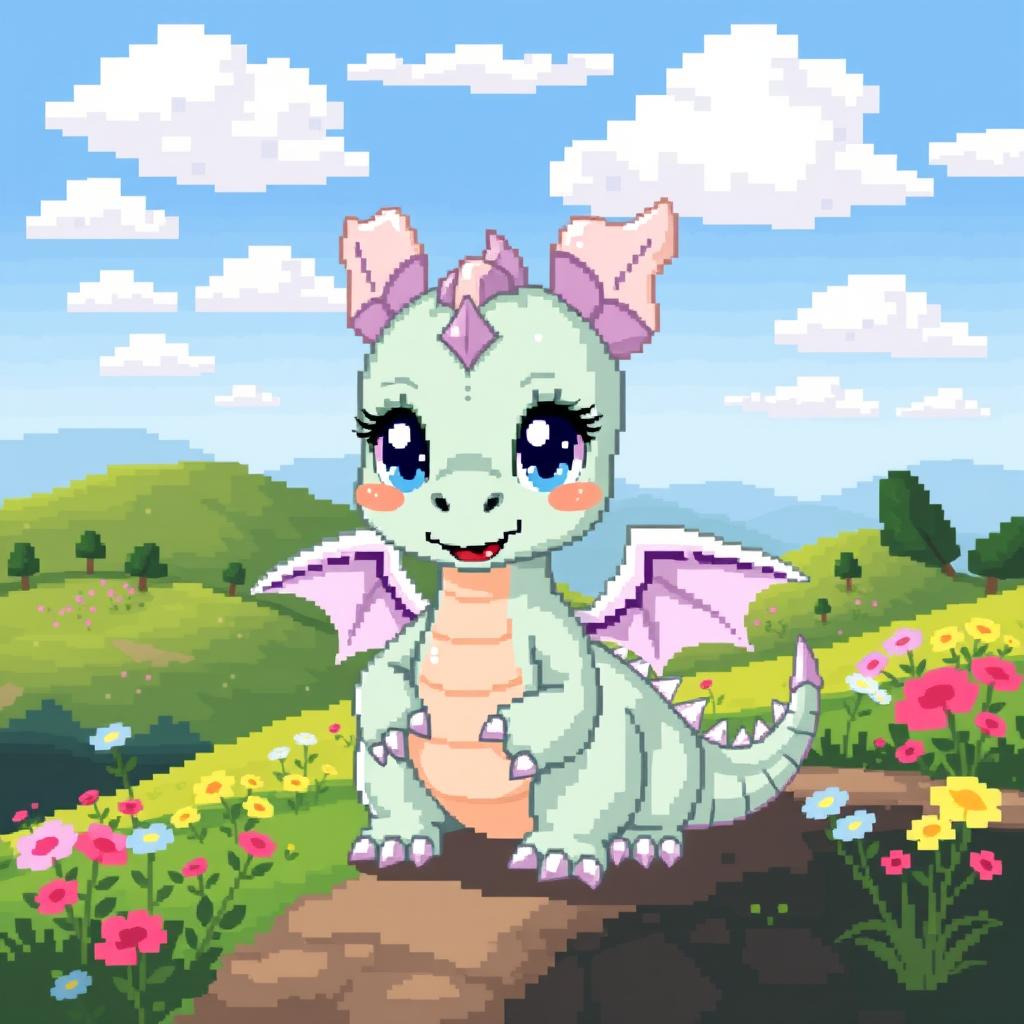 An adorable baby dragon in pixel art style, characterized by its small size and chubby body