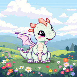 An adorable baby dragon in pixel art style, characterized by its small size and chubby body