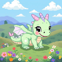 An adorable baby dragon in pixel art style, characterized by its small size and chubby body