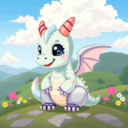 An adorable baby dragon in pixel art style, characterized by its small size and chubby body