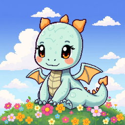 A cute pixel art baby dragon, with a round body and oversized head