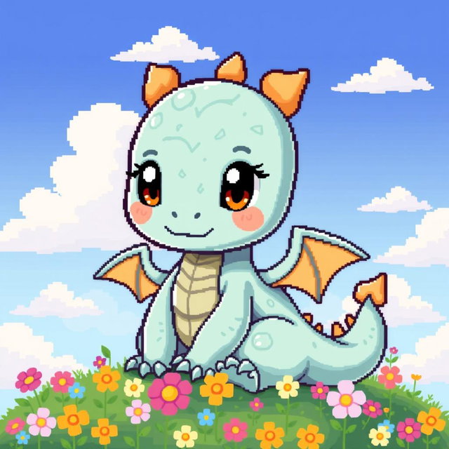 A cute pixel art baby dragon, with a round body and oversized head