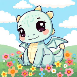 A cute pixel art baby dragon, with a round body and oversized head