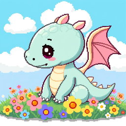 A cute pixel art baby dragon, with a round body and oversized head