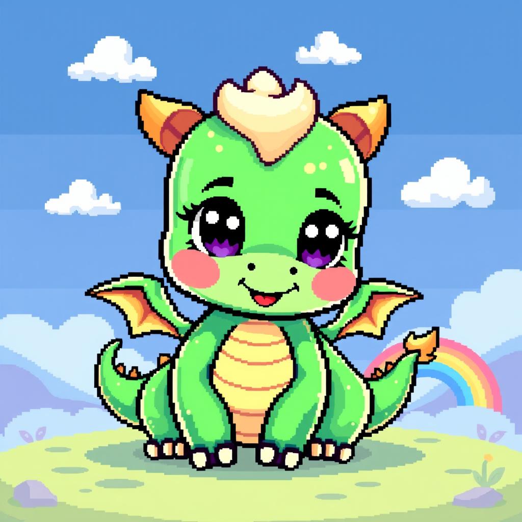 A whimsical and adorable pixel art dragon, featuring bright colors and a playful expression