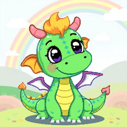 A whimsical and adorable pixel art dragon, featuring bright colors and a playful expression