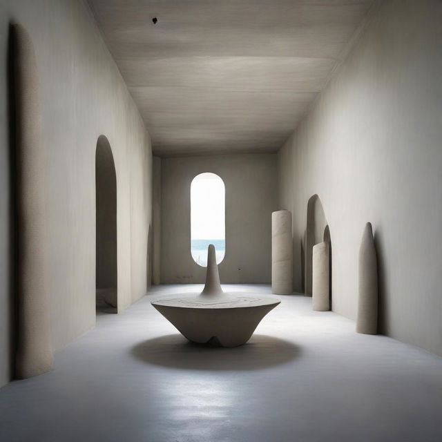 An exceptional extra-large avant-garde gallery, with polished concrete walls that further grow its sense of space. Surrounded by a floor mimicking a beach, sand sculptures and tiny silhouettes admiring the artwork, the scene is only further emphasized by stark architectural photography.