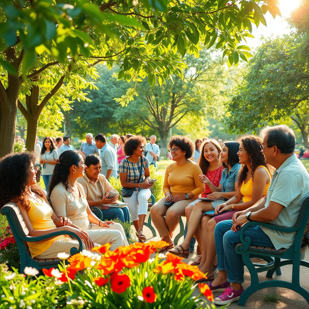 A serene and peaceful scene depicting diverse people engaging in positive, friendly conversations
