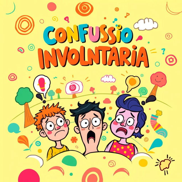 A fun, cartoon-style music album cover for the title "Confusão Involuntária