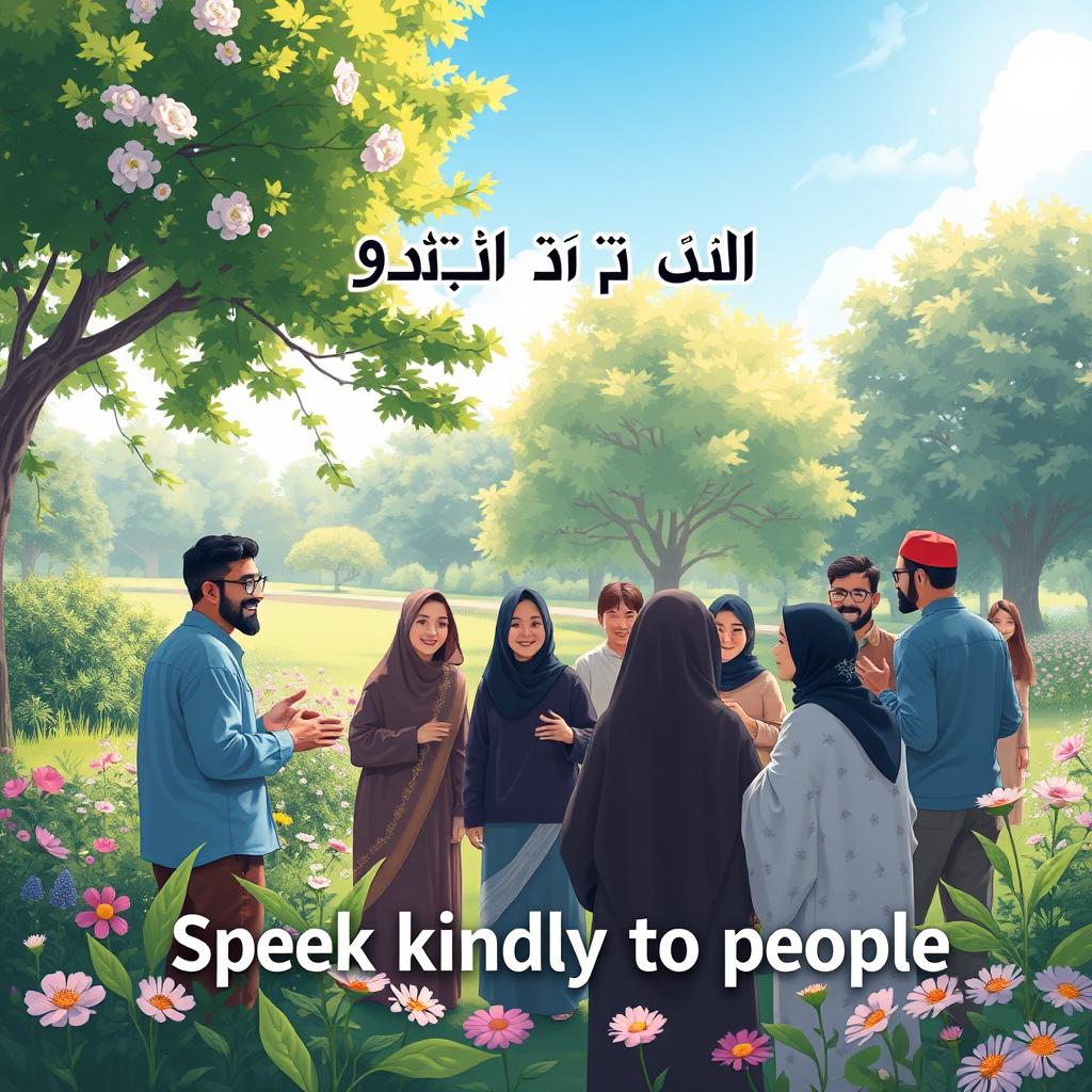 An illustration depicting the essence of the Quranic verse "قُولُوا لِلنَّاسِ حُسْنًا" (Speak kindly to people), featuring a serene and peaceful scene in a beautiful park