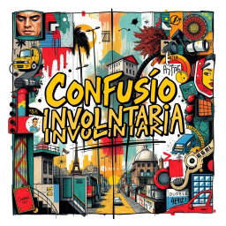 A music album cover for the title "Confusão Involuntária" inspired by the artistic style of Fábio Brazza