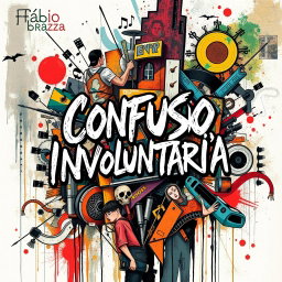A music album cover for the title "Confusão Involuntária" inspired by the artistic style of Fábio Brazza