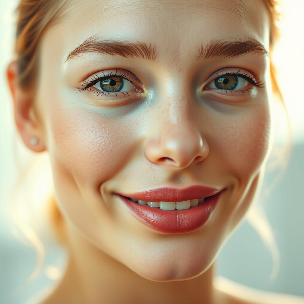 A close-up portrait of a person with glowing skin and a clear, radiant face, accentuated by soft, diffused lighting to enhance the ethereal quality