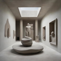 An exceptional extra-large avant-garde gallery, with polished concrete walls that further grow its sense of space. Surrounded by a floor mimicking a beach, sand sculptures and tiny silhouettes admiring the artwork, the scene is only further emphasized by stark architectural photography.