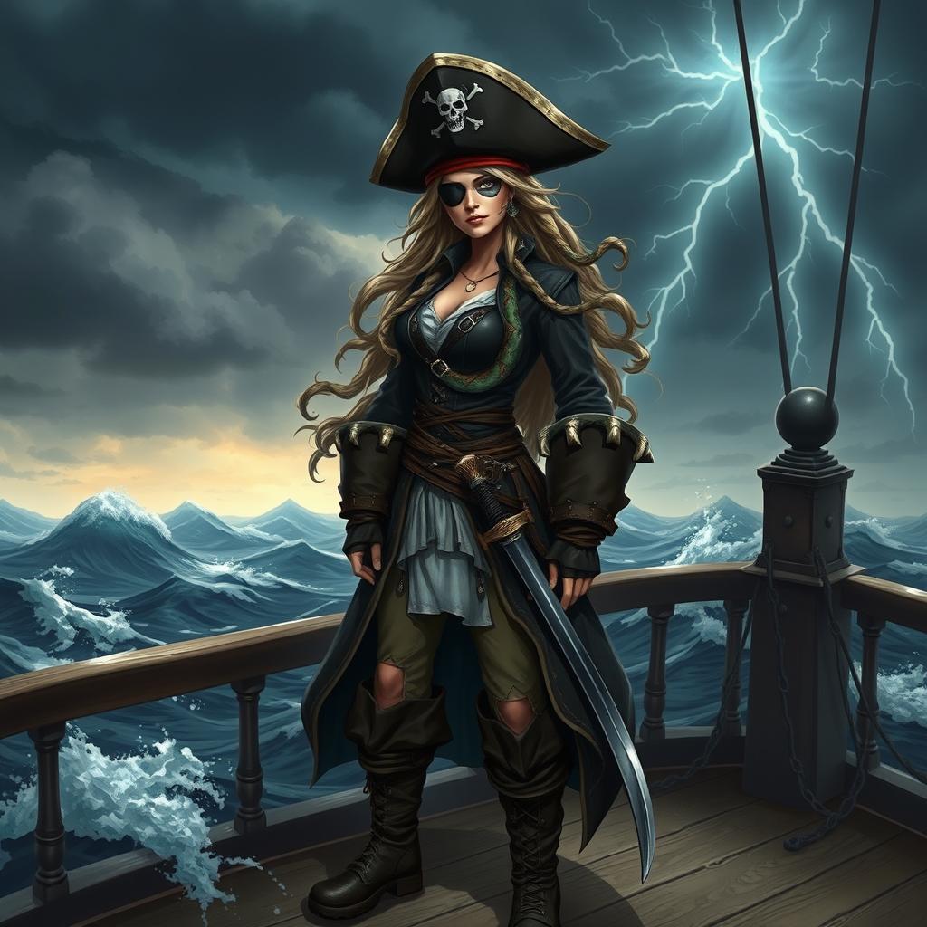 A fierce female pirate with long, flowing hair, adorned with a pirate hat and eyepatch, featuring snake-like hair reminiscent of a Medusa