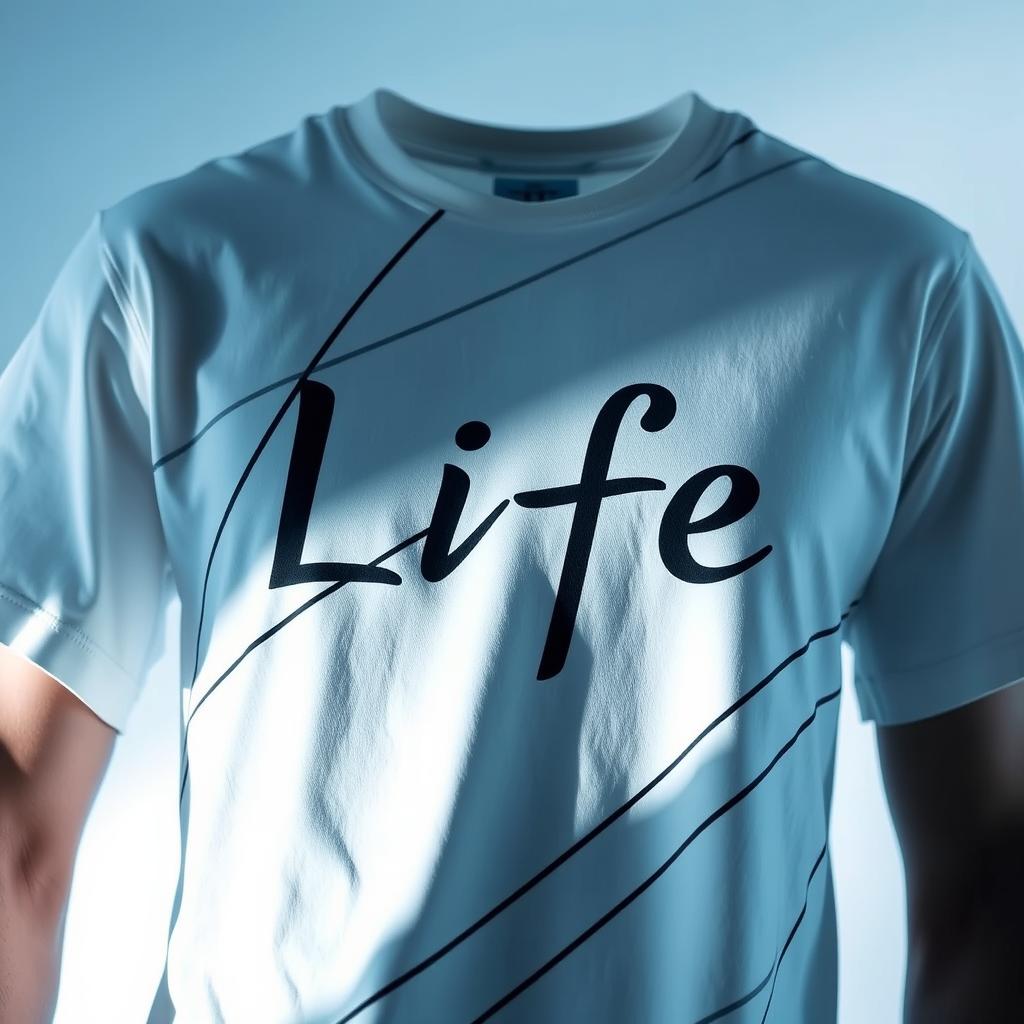A white t-shirt featuring stylish black lines across the fabric, prominently displaying the name of the movie 'Life' in bold, artistic lettering